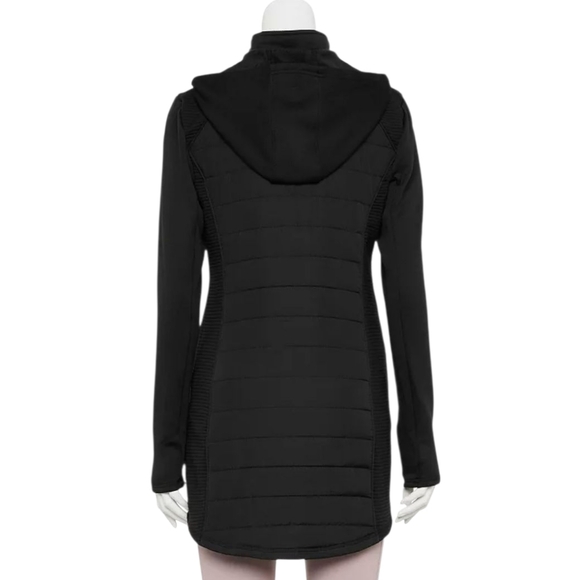 Tek Gear Long Jacket women's medium black Mixed-Media fitted hooded furry lining - Picture 2 of 16